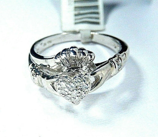 *NWT* Solid 10k White Gold Heart Shape Natural Round Diamond Love Ring Size 7.5