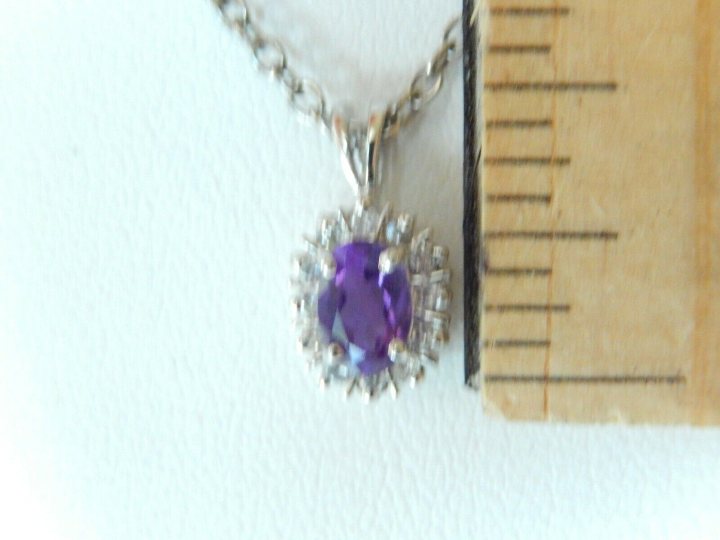 *NWT* 10K White Gold Oval Amethyst & Diamond Halo Pendant Necklace w/18" Chain