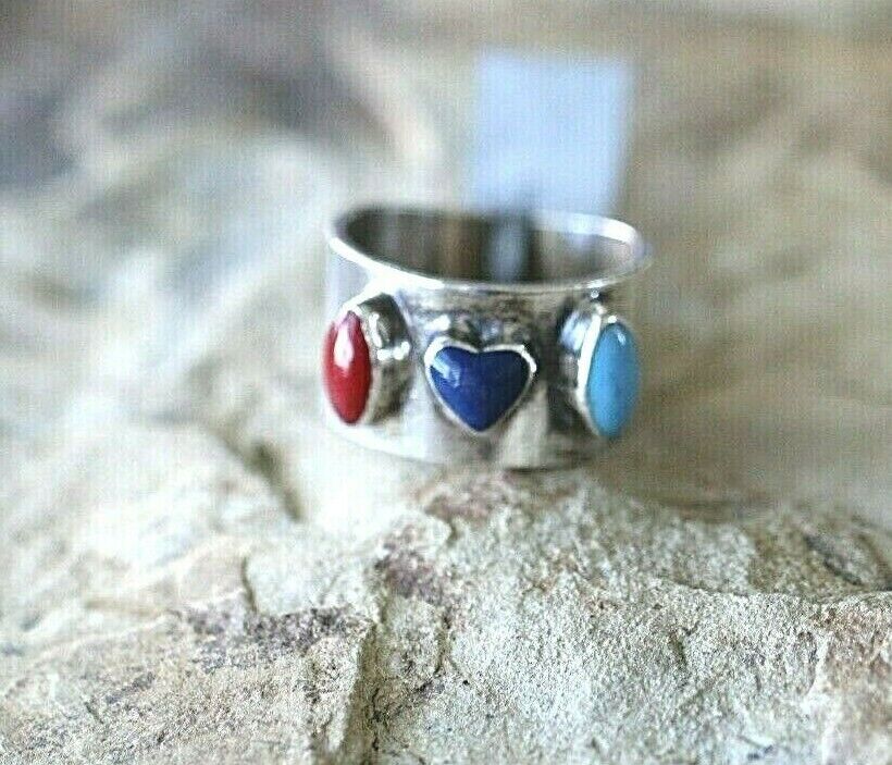 *VINTAGE* Native American Sterling Silver Handmade Multi-Color Stone Ring Sz 11