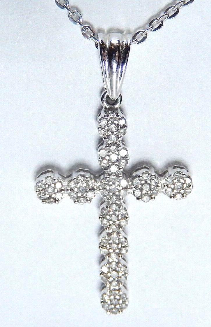 *NEW* 10k White Gold .40CT 77 Natural Diamond Cross Pendant w/18" Chain