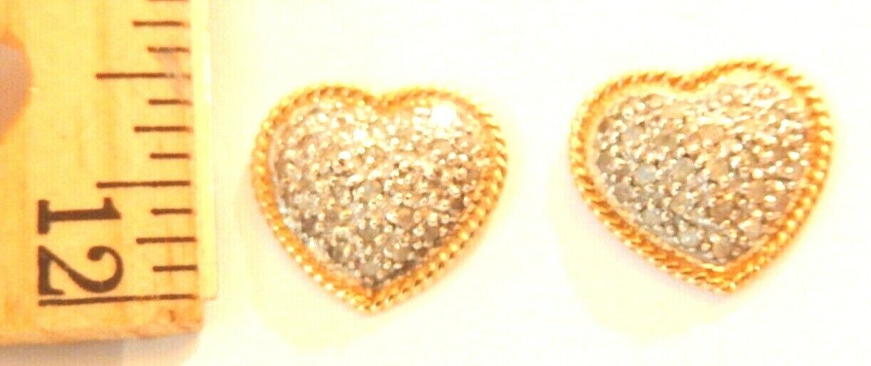 *VINTAGE*  14K Yellow Gold and .50 CT Pave' Diamond Heart Earrings 9/16" x 9/16"