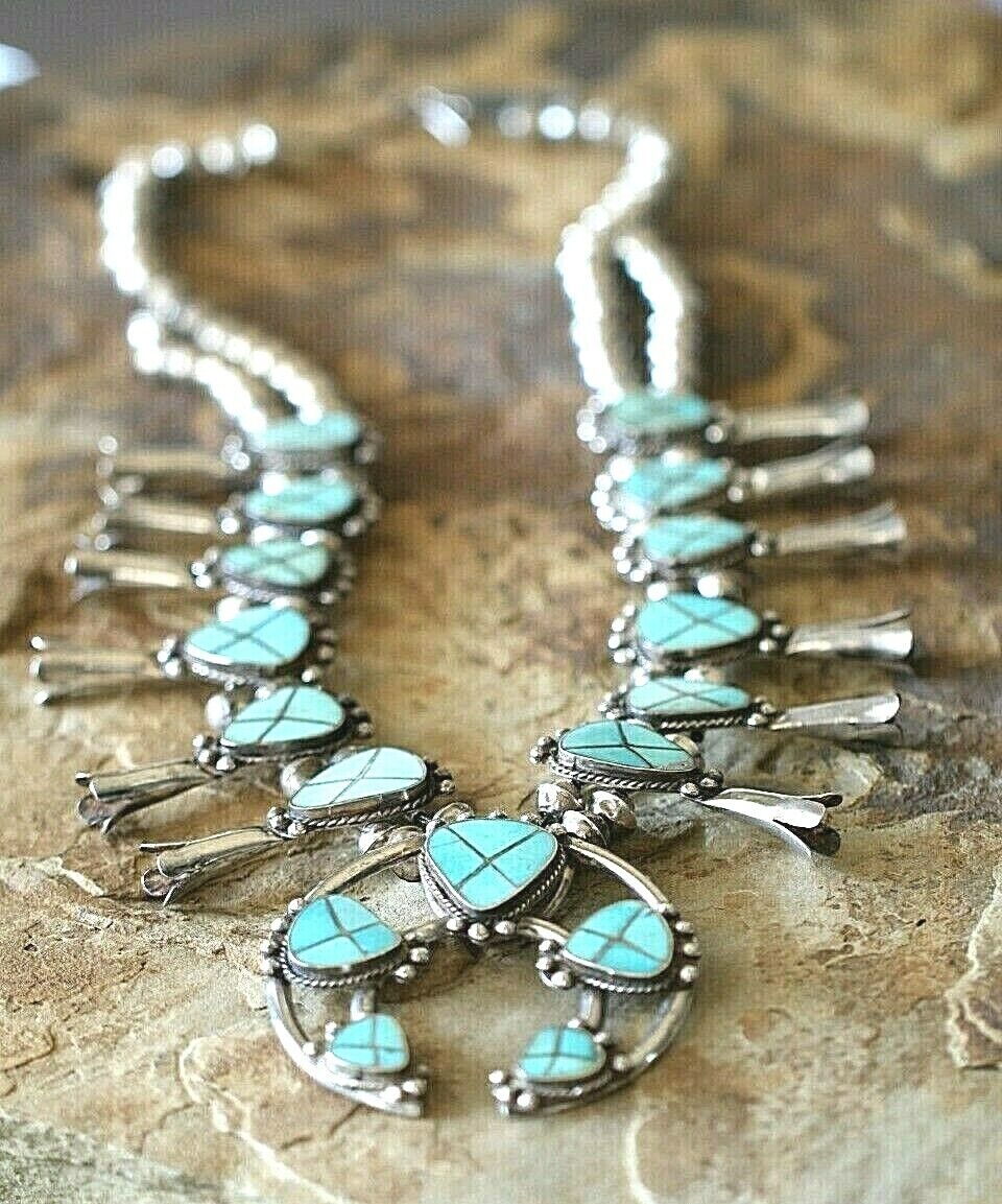 VINTAGE Large Native American Sterling Silver  Turquoise Squash Blossom Necklace