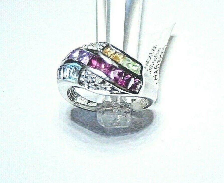 *NWT* 14K White Gold  11mm Wide Multi Gemstone & Diamond Ladies Ring  Size 7