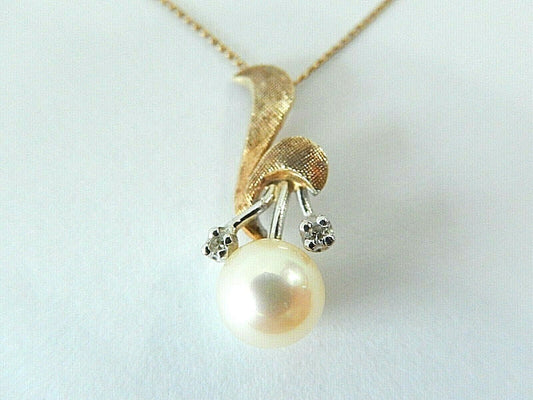 *VINTAGE*  Pendant 14k Yellow Gold 7mm Pearl & Diamond 15"  Necklace 14K NICE!!