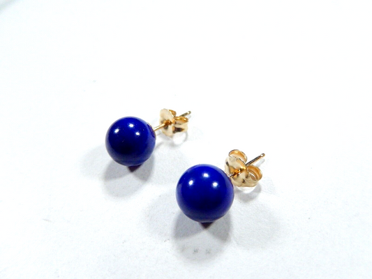 *VINTAGE*  14K Yellow Gold Navy Blue Lapis 8mm Round Ball Stud Earrings