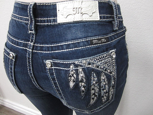 NWT Miss Me Cute Feather Bling Skinny Jeans M8986S SIZE 27x30