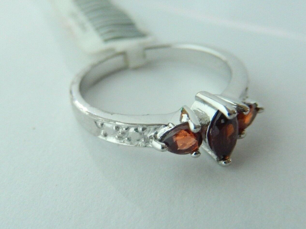 10K White Gold Three-Stone Garnet Ring Size 7.5