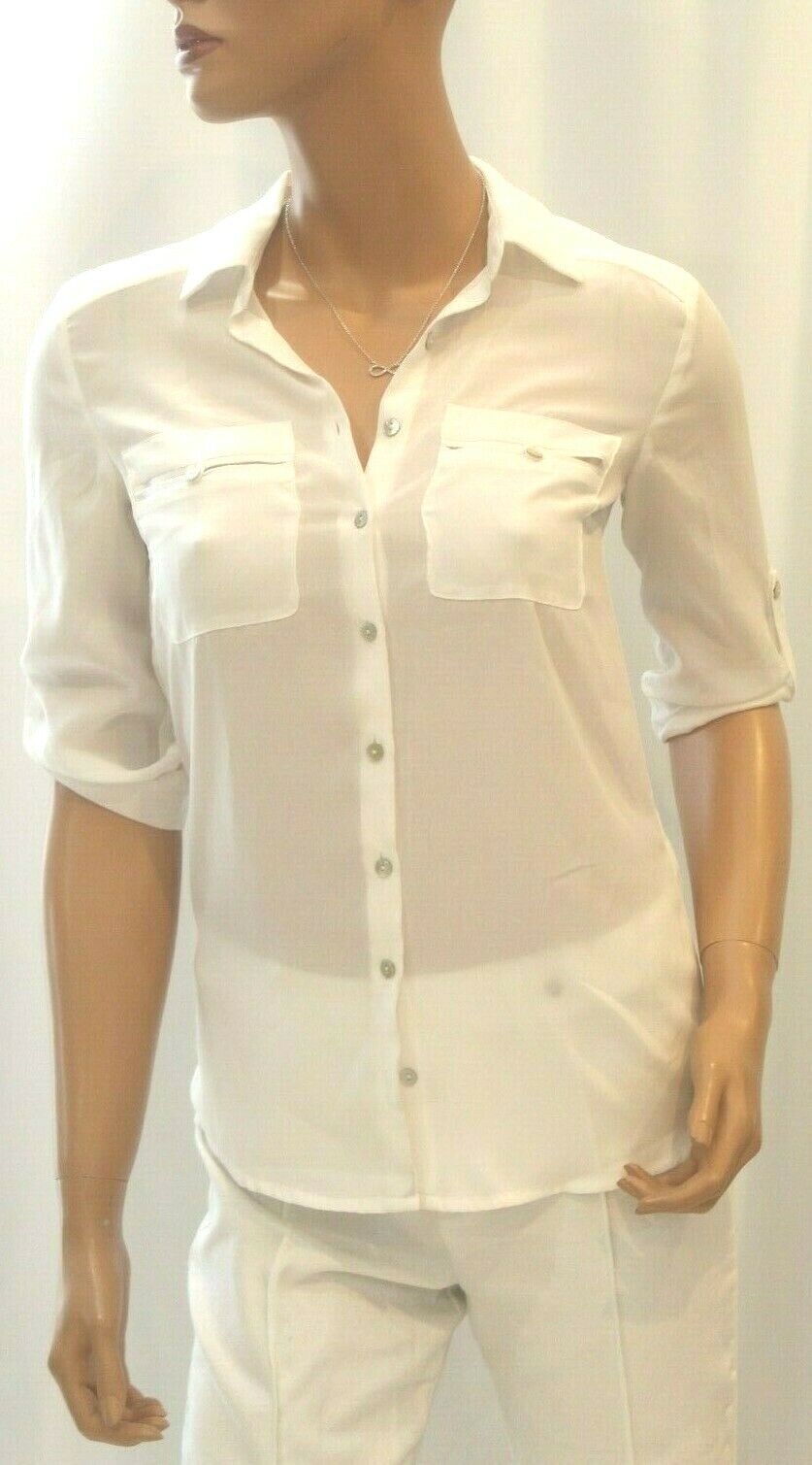 *NEW* H&M Womens Button Down White Sheer Collared 3/4 Strap Long Sleeve Top Sz 2