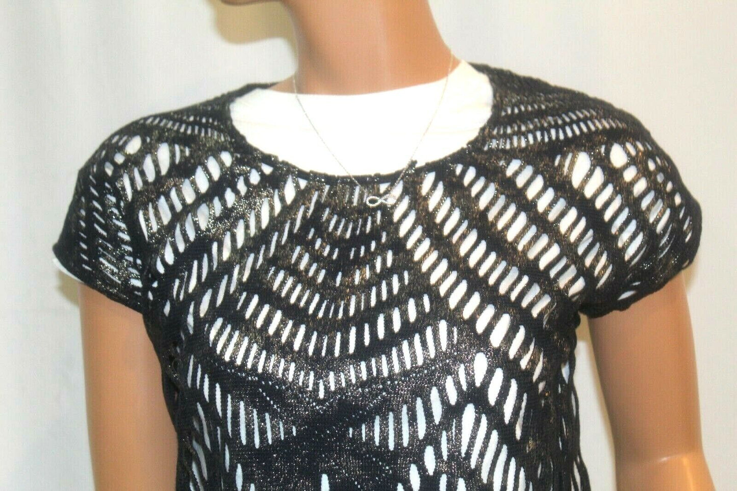 Chicos  "CUTE" Black with Gold Metalic Fringe Open Lace Sleeveless Vest Sz 0
