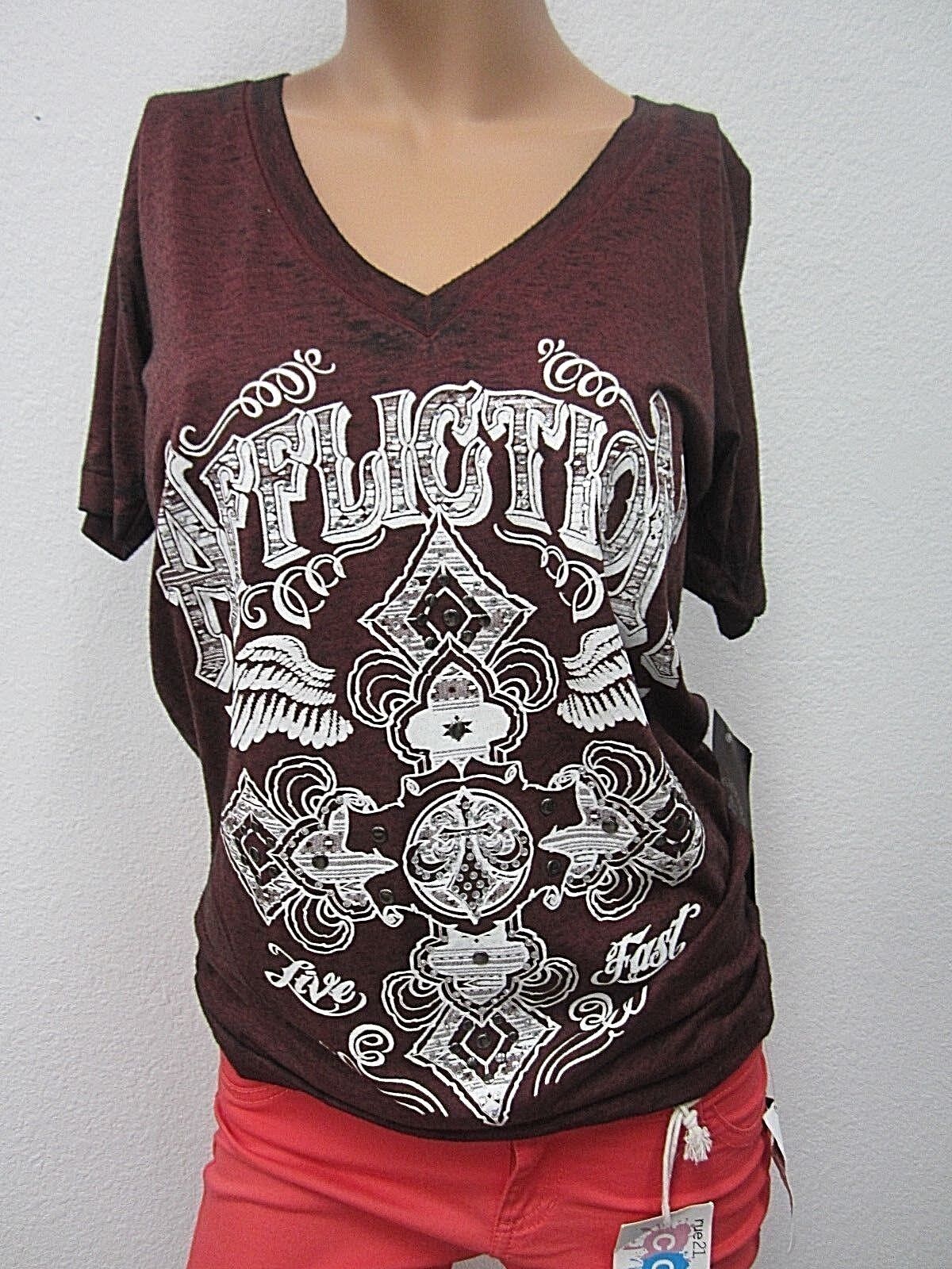 NWT AFFLICTION  AW13621 Fawn Creek New Women`s Short Sleeve Live Fast Top Size L