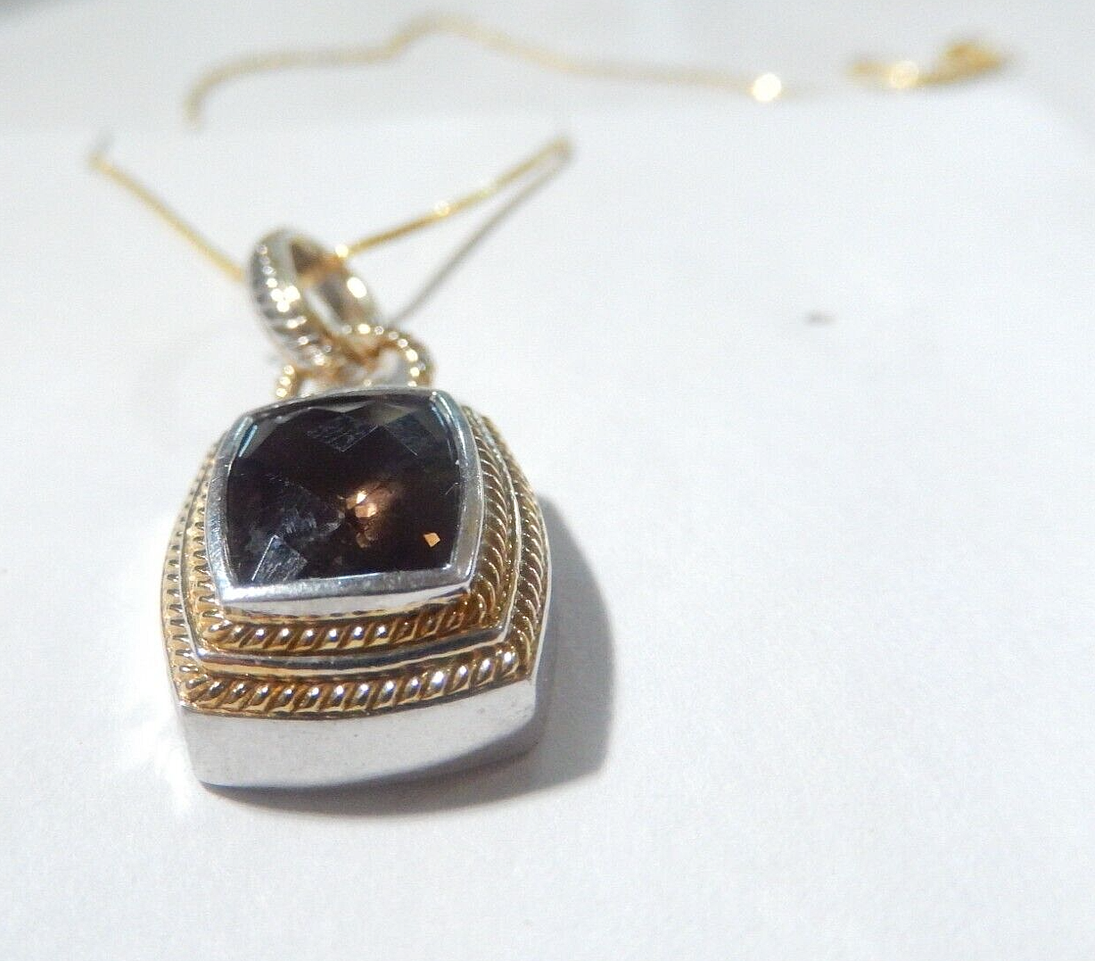 *VINTAGE* Designer "TJ" Gold Vermeil Sterling 3CTSmoky Quartz Pendant w/18"chain