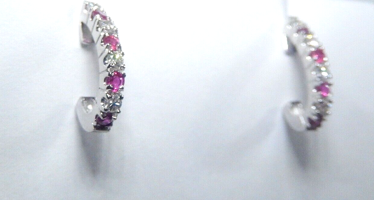 14K White Gold .50CT Natural Ruby & Diamond J Hoop Earrings