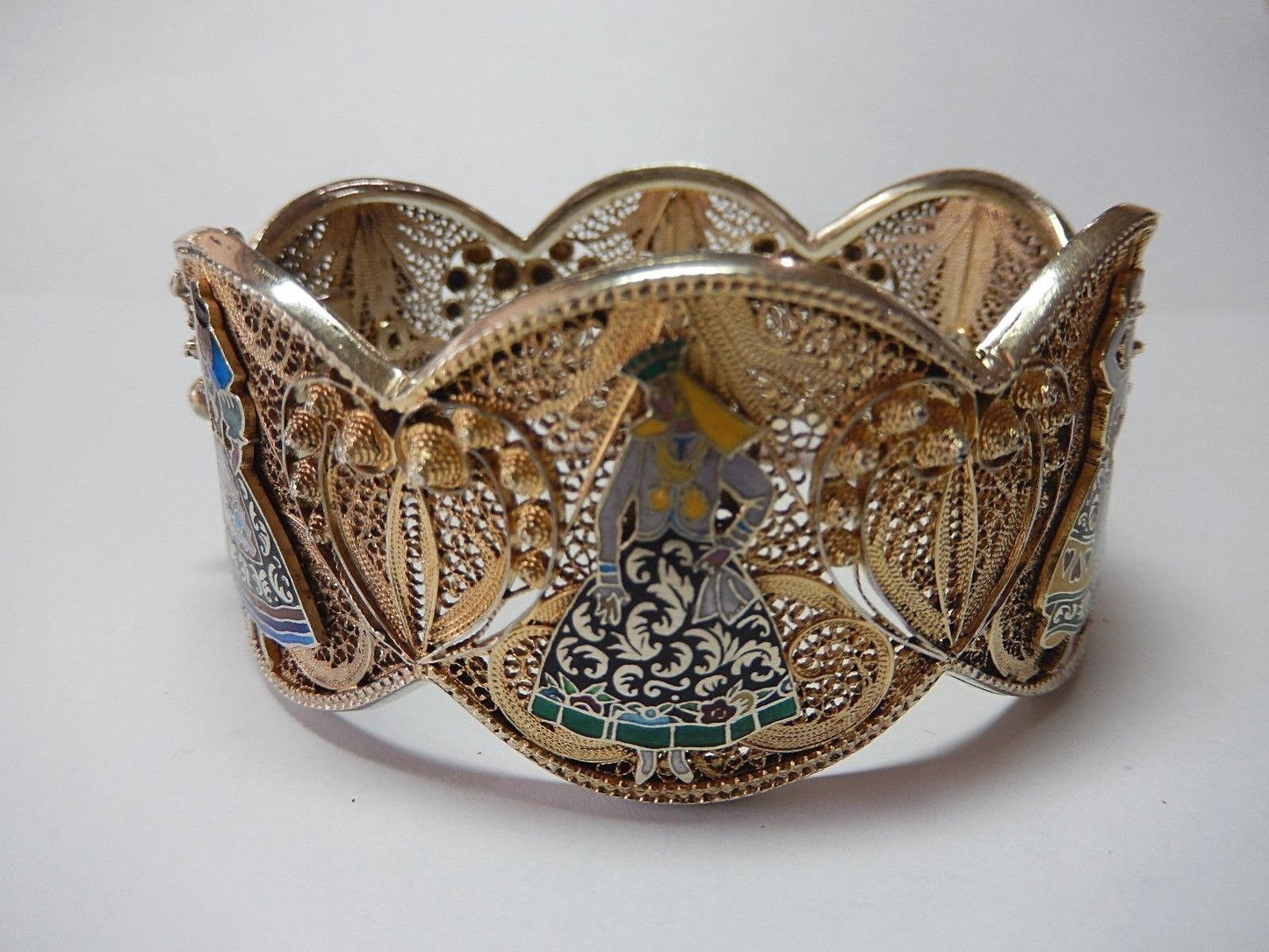 VINTAGE PORTUGAL HEAVY STERLING SILVER FILIGREE GOLD HINGED BANGLE BRACELET 7.5"