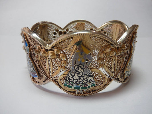 VINTAGE PORTUGAL HEAVY STERLING SILVER FILIGREE GOLD HINGED BANGLE BRACELET 7.5"