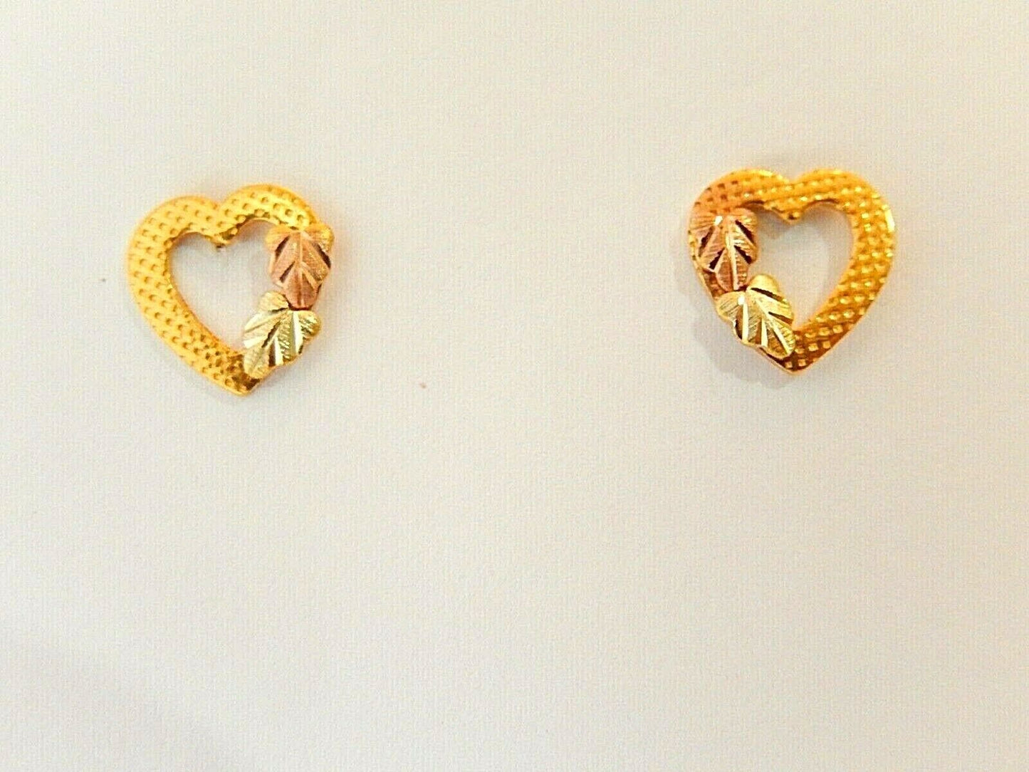 *VINTAGE*  10KT Yellow & Rose Leaf Open Heart Stud Earrings