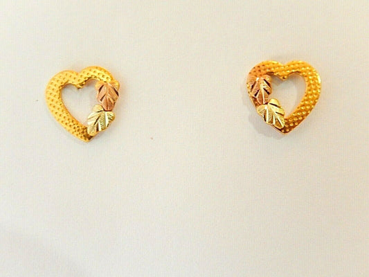 *VINTAGE*  10KT Yellow & Rose Leaf Open Heart Stud Earrings