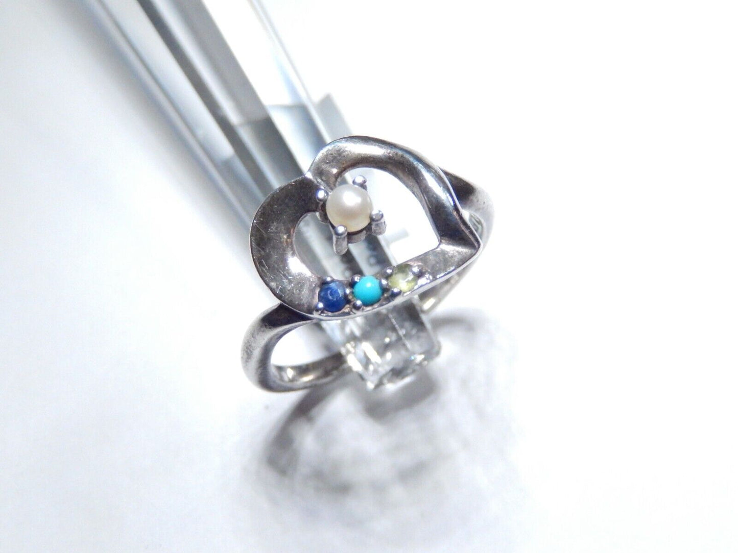 *VINTAGE*  OPEN HEART PEARL & GEMSTONE STERLING SILVER 925 RING SIZE 8.5