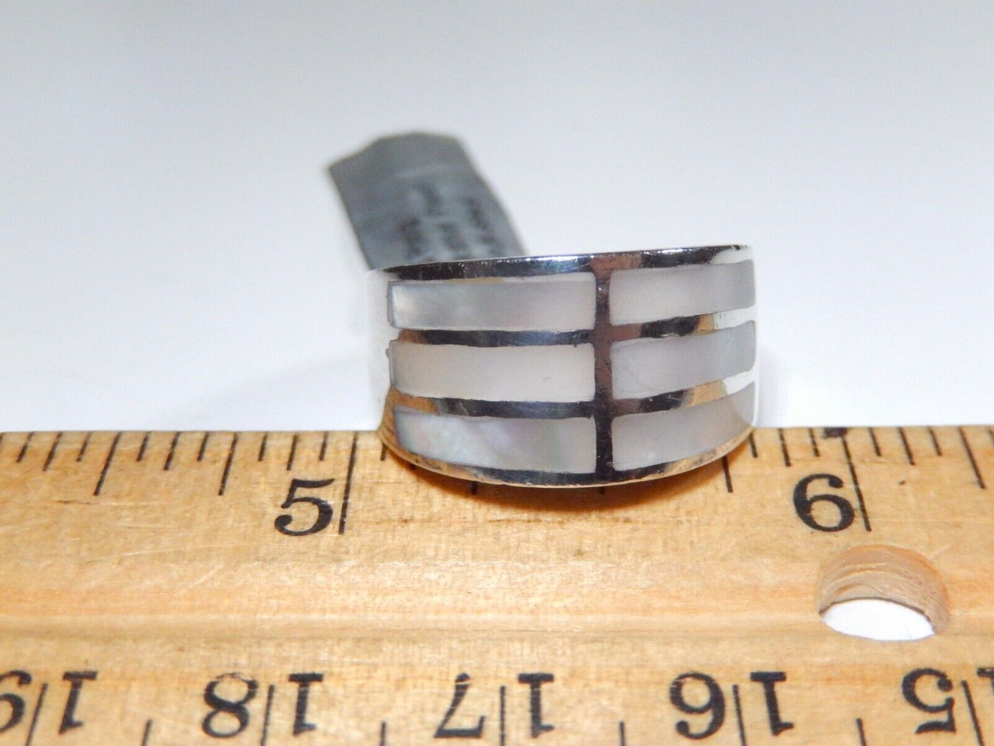 *VINTAGE*  Sterling Silver 11 mm Wide Band Inlay Mother of Pearl Ring Sz 6.5