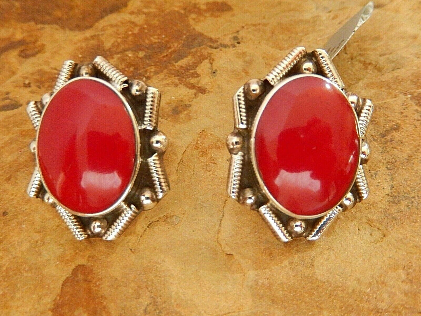 Vtg 1960's Sterling Silver 925 Large Red Coral Mexico Earrings  19gms 1.25"x7/8"