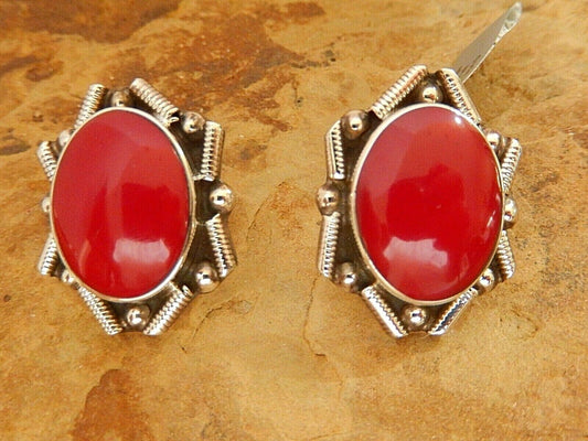 Vtg 1960's Sterling Silver 925 Large Red Coral Mexico Earrings  19gms 1.25"x7/8"