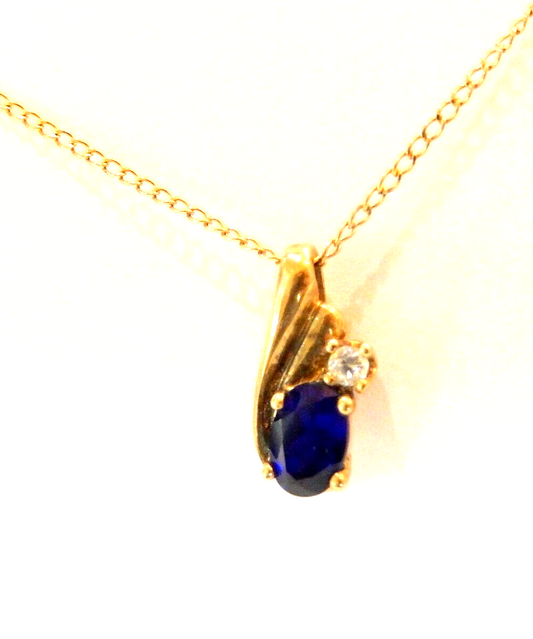 10k Yellow Gold Oval Sapphire And Diamond Pendant with 18" Chain