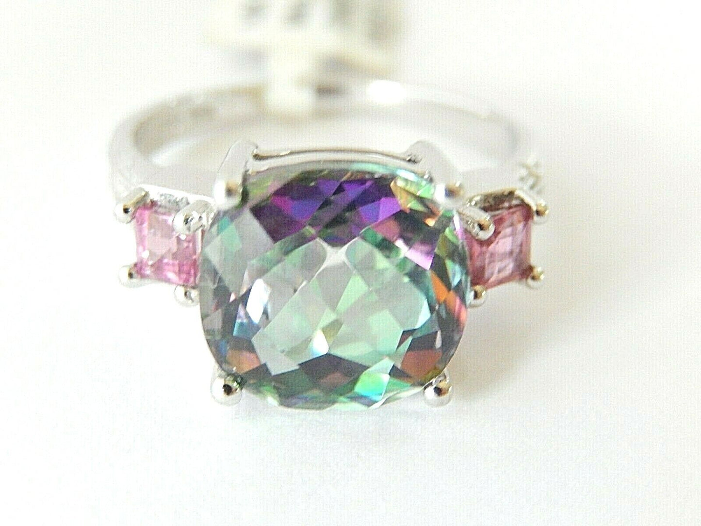 *NWT* Gorgeous 10K WHITE GOLD 5CT Fancy Cushion Cut Mystic Topaz Ring  Size 7.75