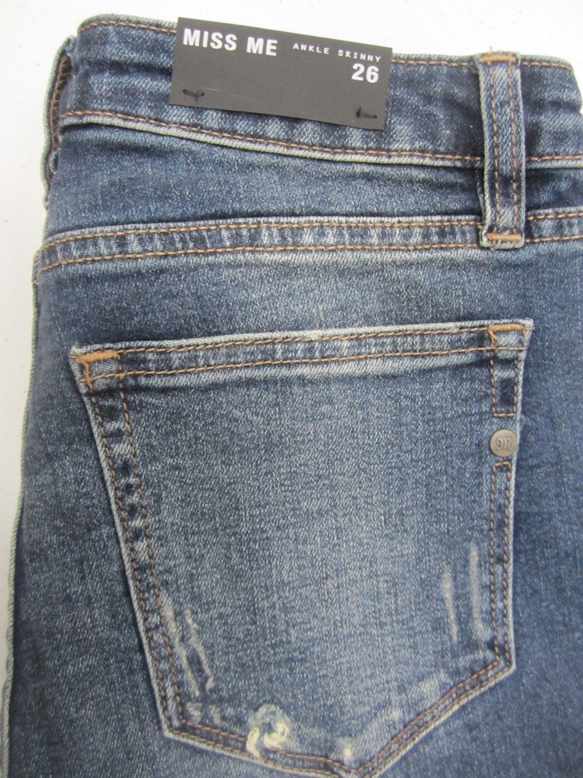 NWTMiss Me Women's Distressed Embroidered Ankle Skinny Denim Jean Medium Blue 26