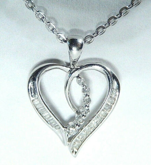 *NEW*  10K White Gold Diamond Heart Shaped Pendant w/ 18" Chain