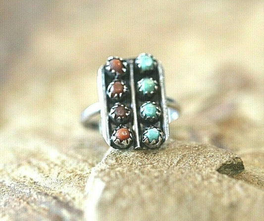 *VINTAGE* Navajo Native American Shadowbox Sterling Silver Turquoise Coral Ring