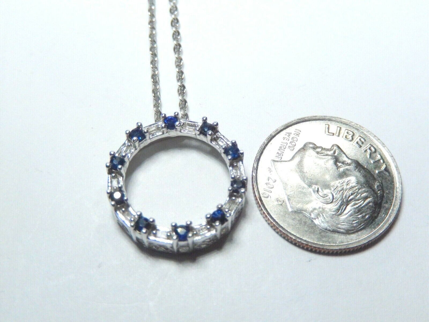 *NWT*  10K White Gold Sapphire & Natural Baguette Diamond Circle Pendant w/18"Ch