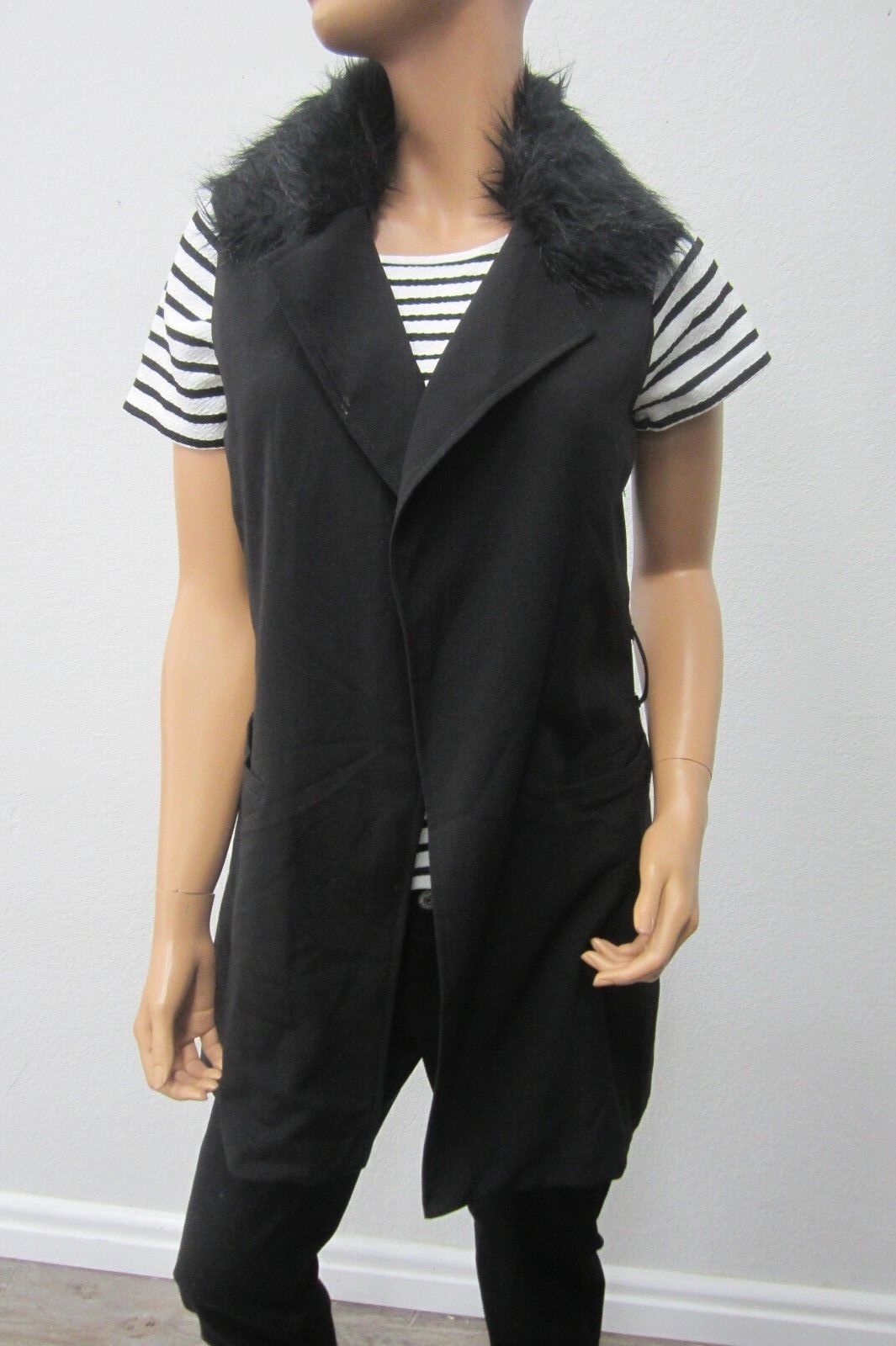 *CUTE*  WD.NY  Black Faux Fur Collar Sleeveless Open Front Belted Cardigan Sz 8