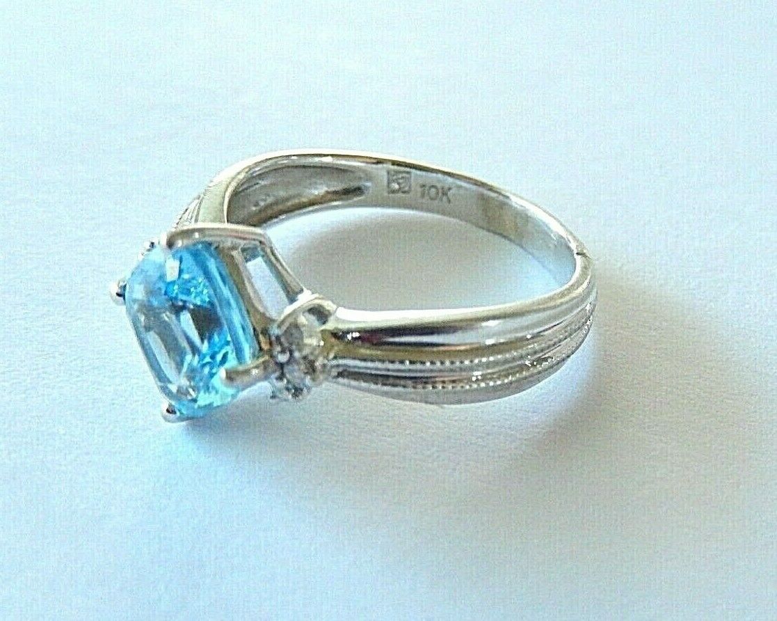 10K White Gold Vintage Genuine Cushion-cut Blue Topaz and Diamond Ring Sz 6.25