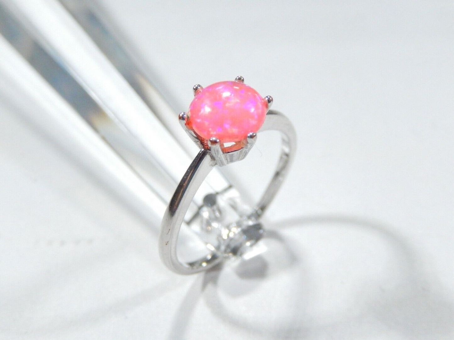 *VINTAGE*  Sterling Silver Lab Created Pink Opal Solitaire Ring Sz 8.75