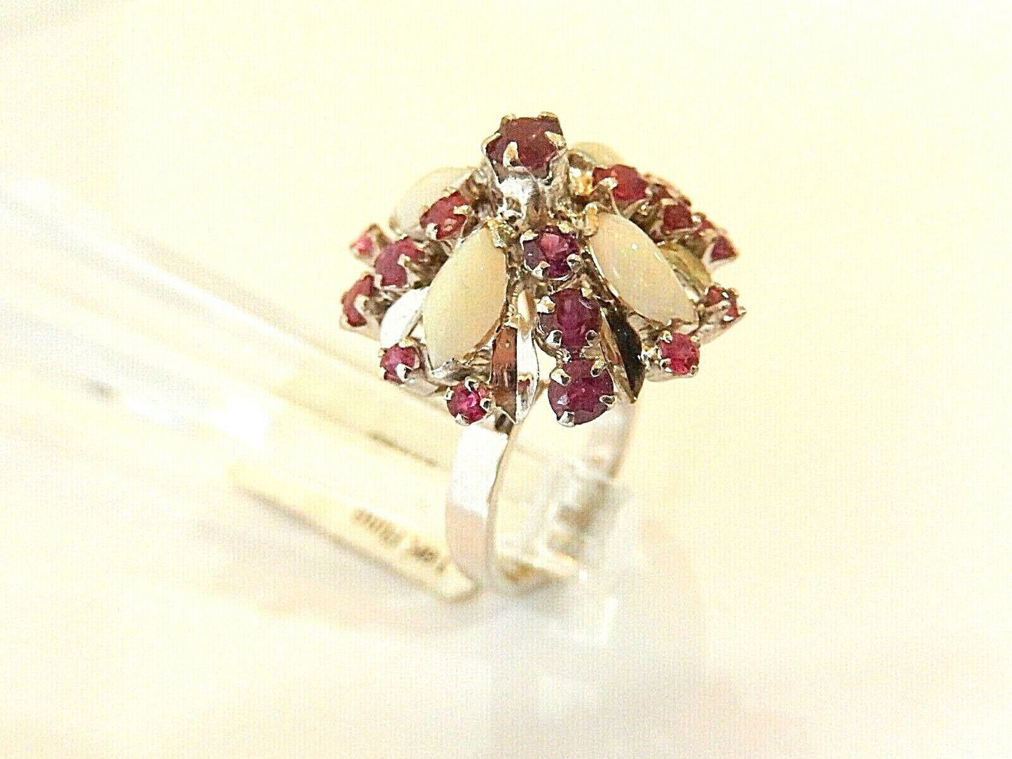 *Vintage* 12k White Gold Natural Opal & Ruby Harem Ballerina Ring size 6.5