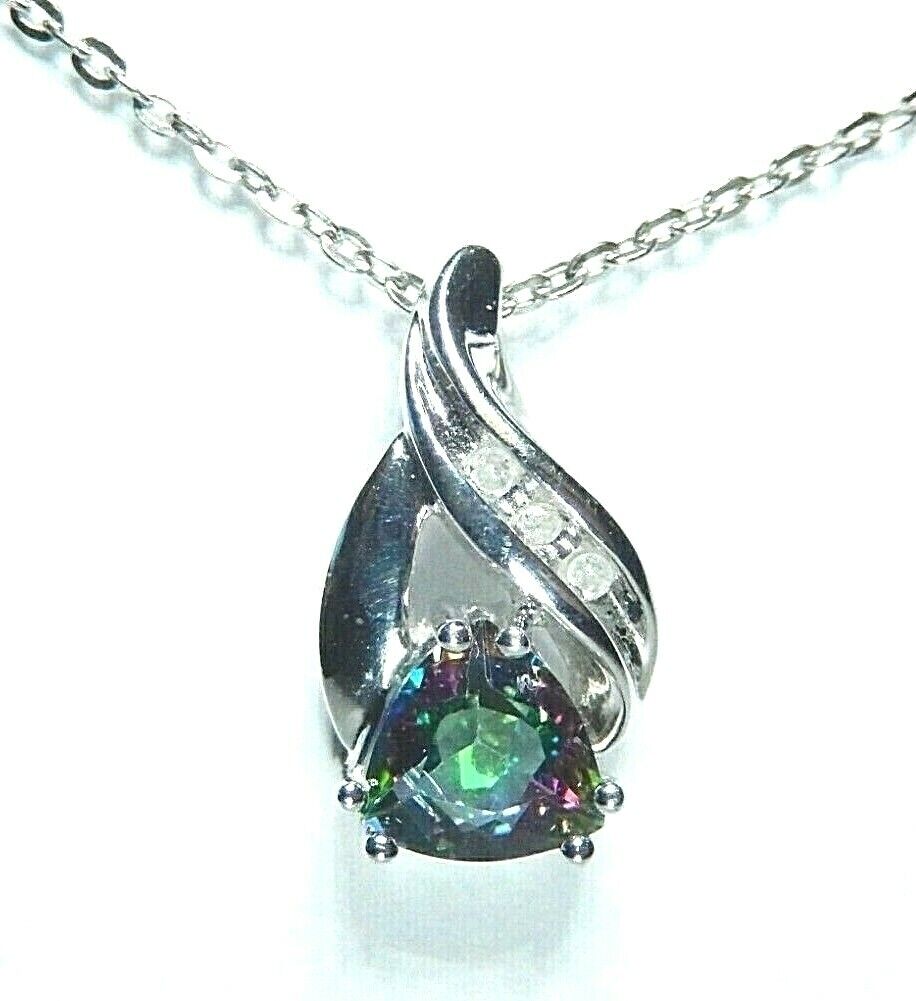 *NWT*  10k White Gold Mystic Topaz Trillion & Diamond Pendant and 18'' Chain