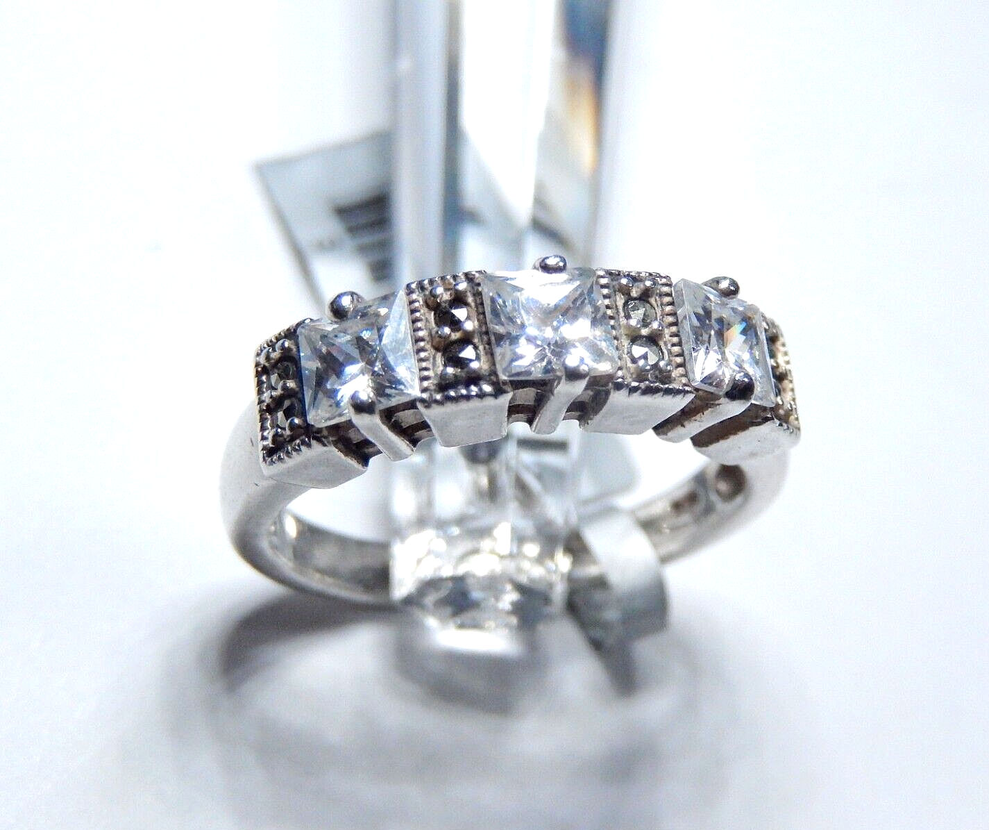 STERLING SILVER 1.25 CT PRINCESS CUT CZ ARTISIAN BEAD BAND 3 STONE RING Sz 6.5