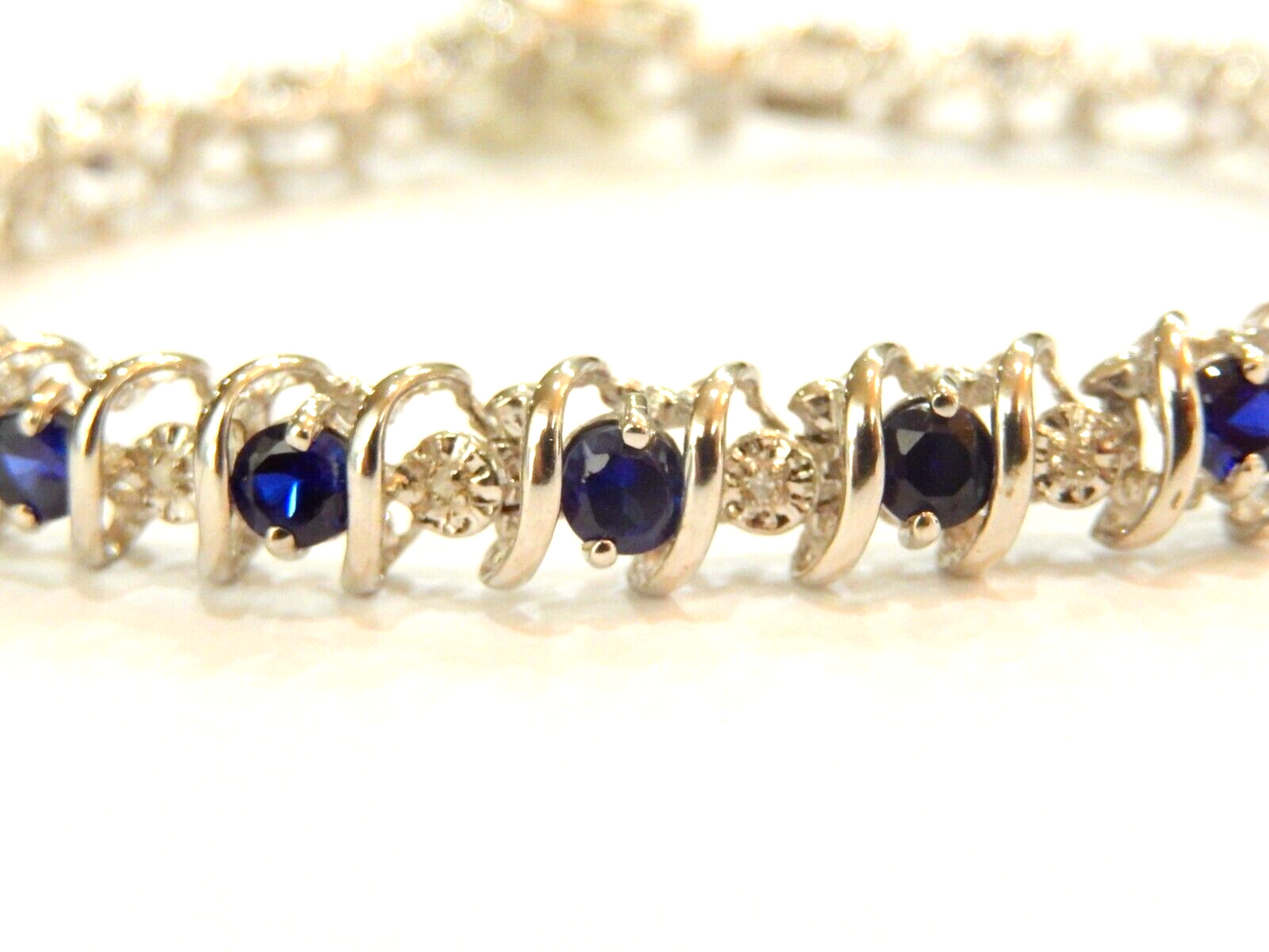 *NWT* 10K White Gold 3.50 CT  Sapphire & Diamond 7.5mm 11.2gm  "S" Bracelet 7"