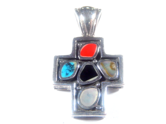 *VINTAGE*   Multi Color Gemstone Sterling Silver  Religious Cross Pendant