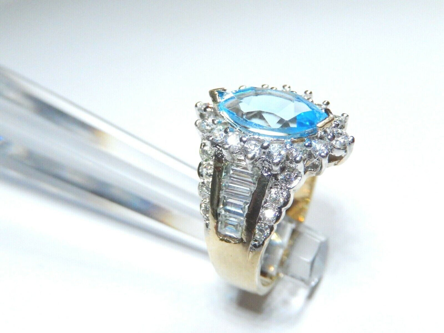 *VINTAGE* Blue Topaz & Cubic Zirconia 14k Yellow Gold Over Sterling Silver Ring