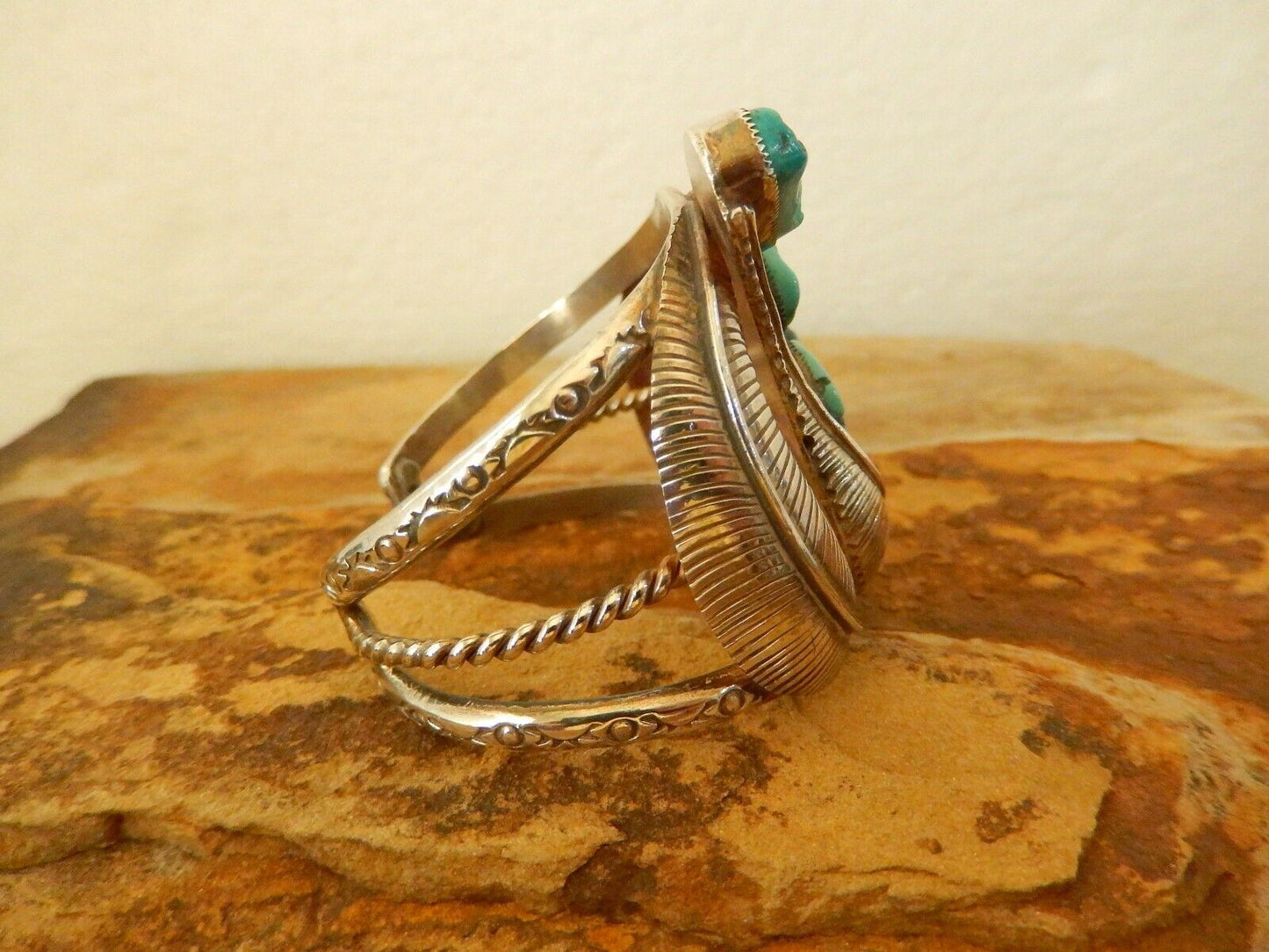 Vintage Signed "EM" Wide Southwest Heavy Turquoise Sterling Silver Cuff Bangle