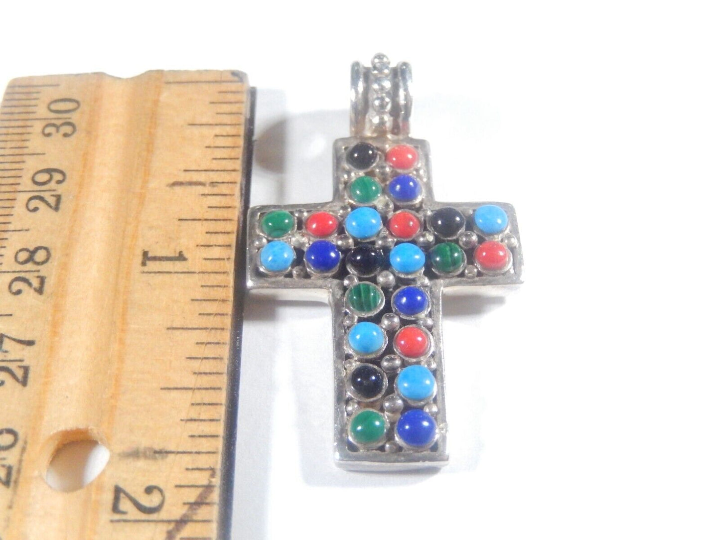 *VINTAGE*   STERLING SILVER MULTI STONE CROSS PENDANT - SIGNED  925