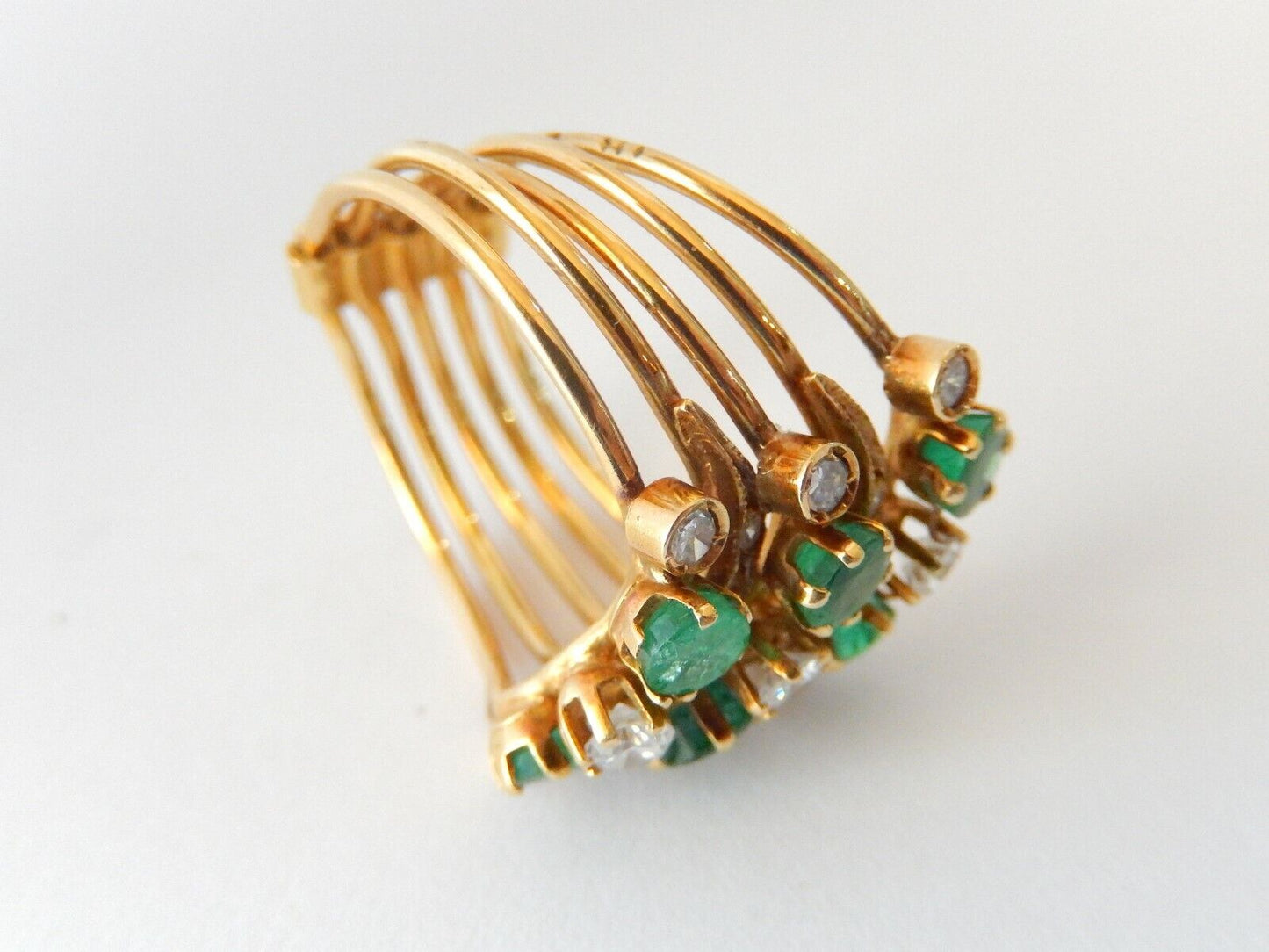 *VINTAGE* 14K Yellow 1.75CT Gold 5 Hinged  Band Emerald & Diamond Ring Sz 8.75