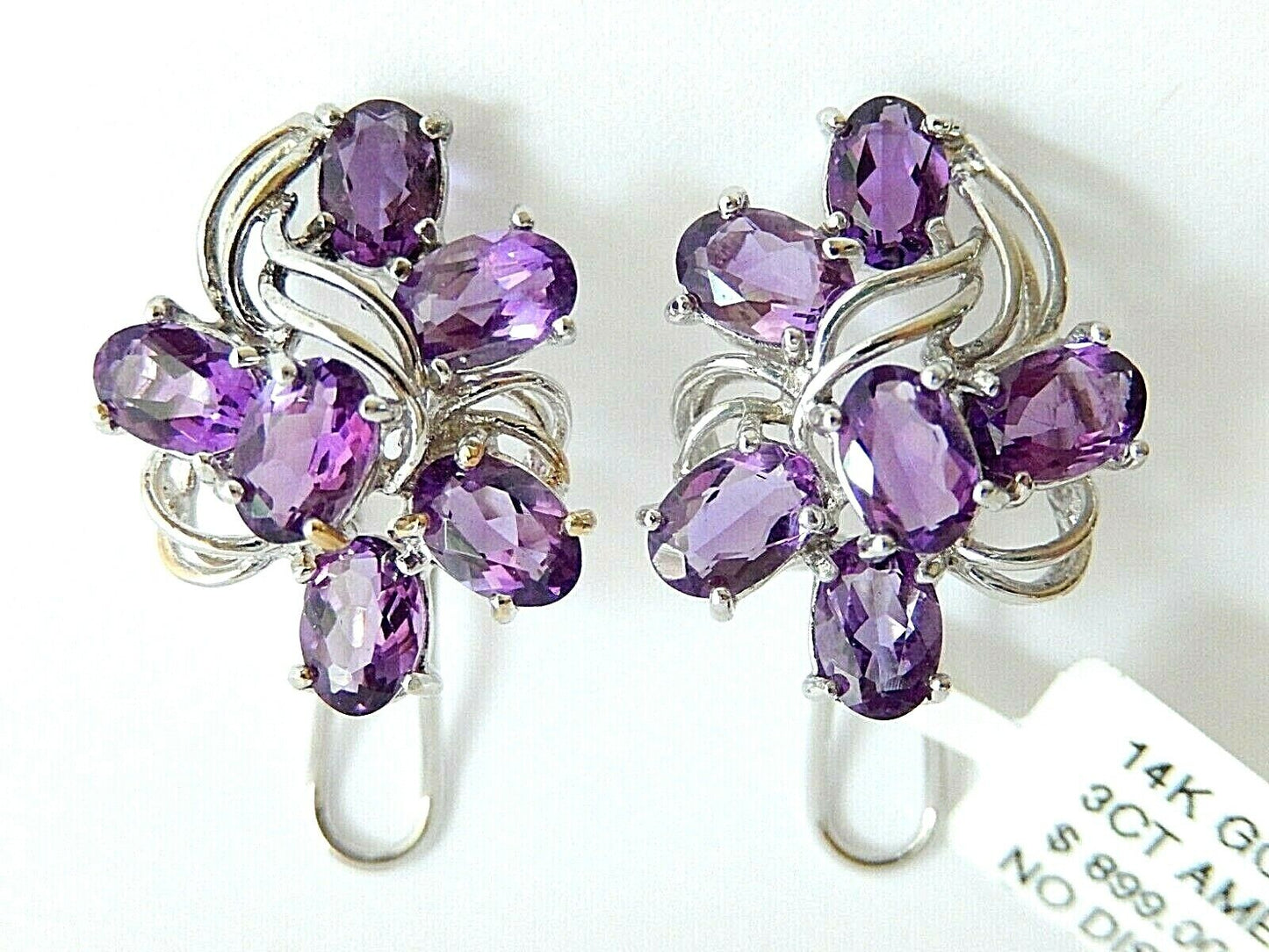 *VINTAGE* Large 14K White Gold 3CT Amethyst Oval Cut French Clip Stud Earrings