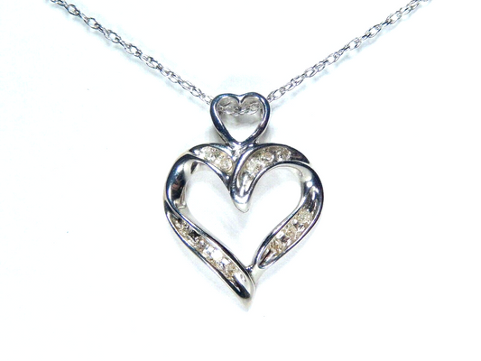 10k White Gold .25CT Natural Baguette Diamond Heart Pendant w/18" Chain