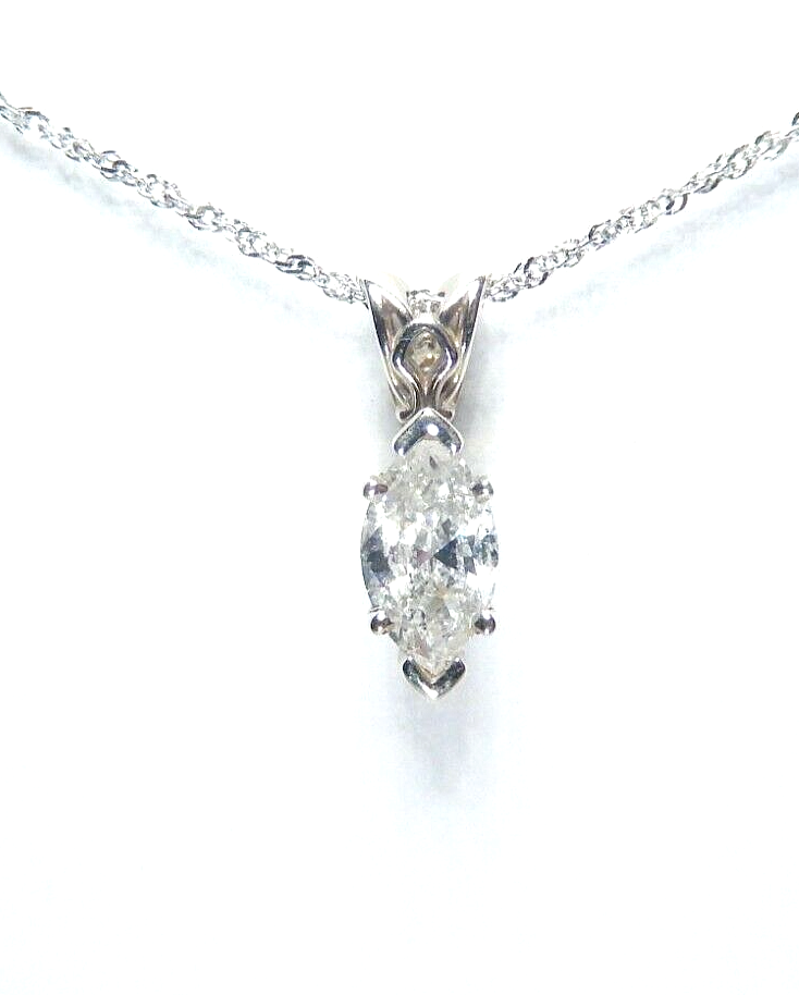 14K White Gold .50 Ct Marquise Cut Natural VS Diamond Solitaire Pendant 18"Chain