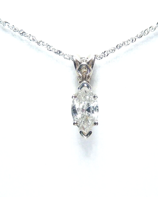14K White Gold .50 Ct Marquise Cut Natural VS Diamond Solitaire Pendant 18"Chain