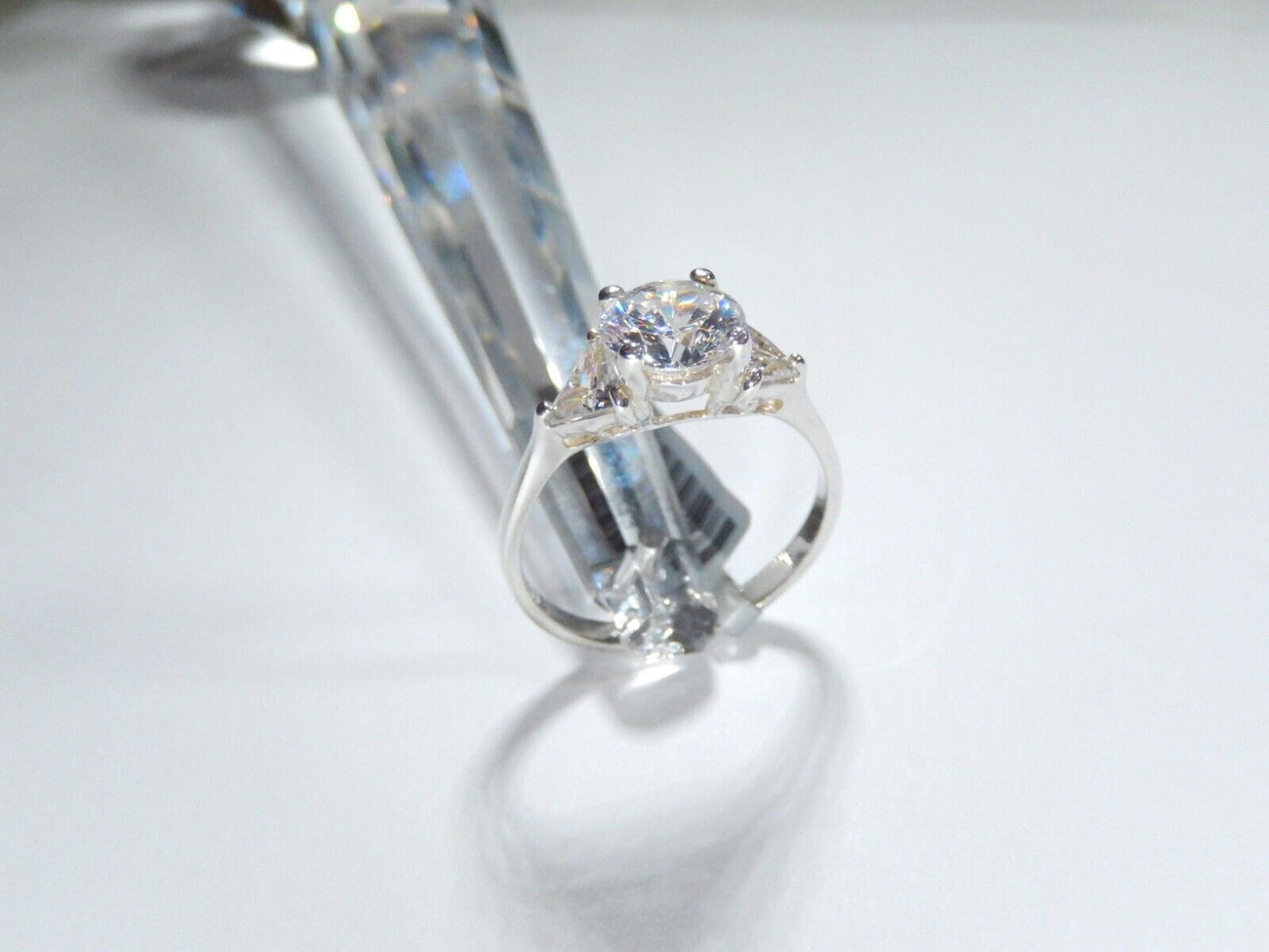 Sterling Silver Three Stone 3.00 CT CZ Trillion/Round Cut Engagement Ring Sz 9.5