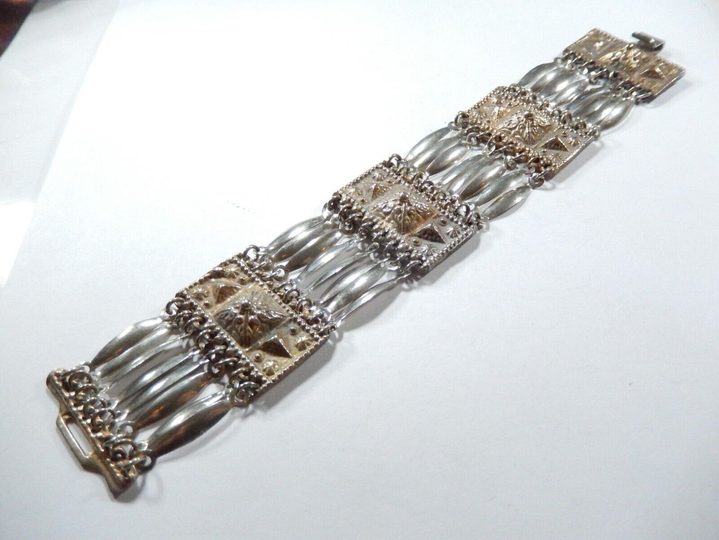 *VINTAGE*  BRASS & SILVER REPOUSSÉ PANEL LINK MEXICO BRACELET 1-3/8" x 7.5"
