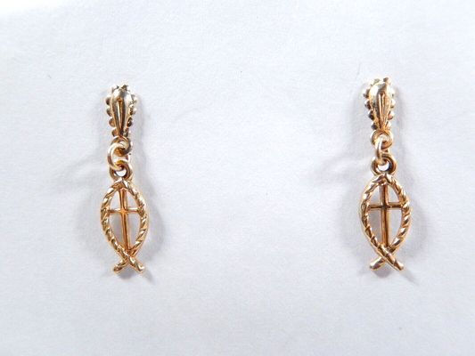 14K Yellow Gold  Ichthus Cross Fish Dangle Earrings