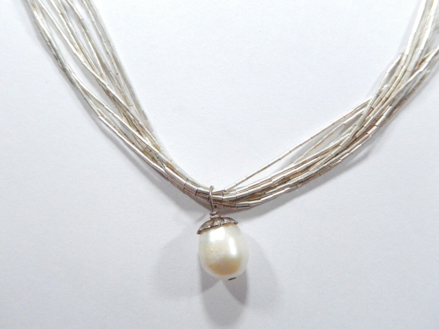 10 Strand Liquid Silver Necklace with Real Pearl Pendant 925 Coldwater Creek